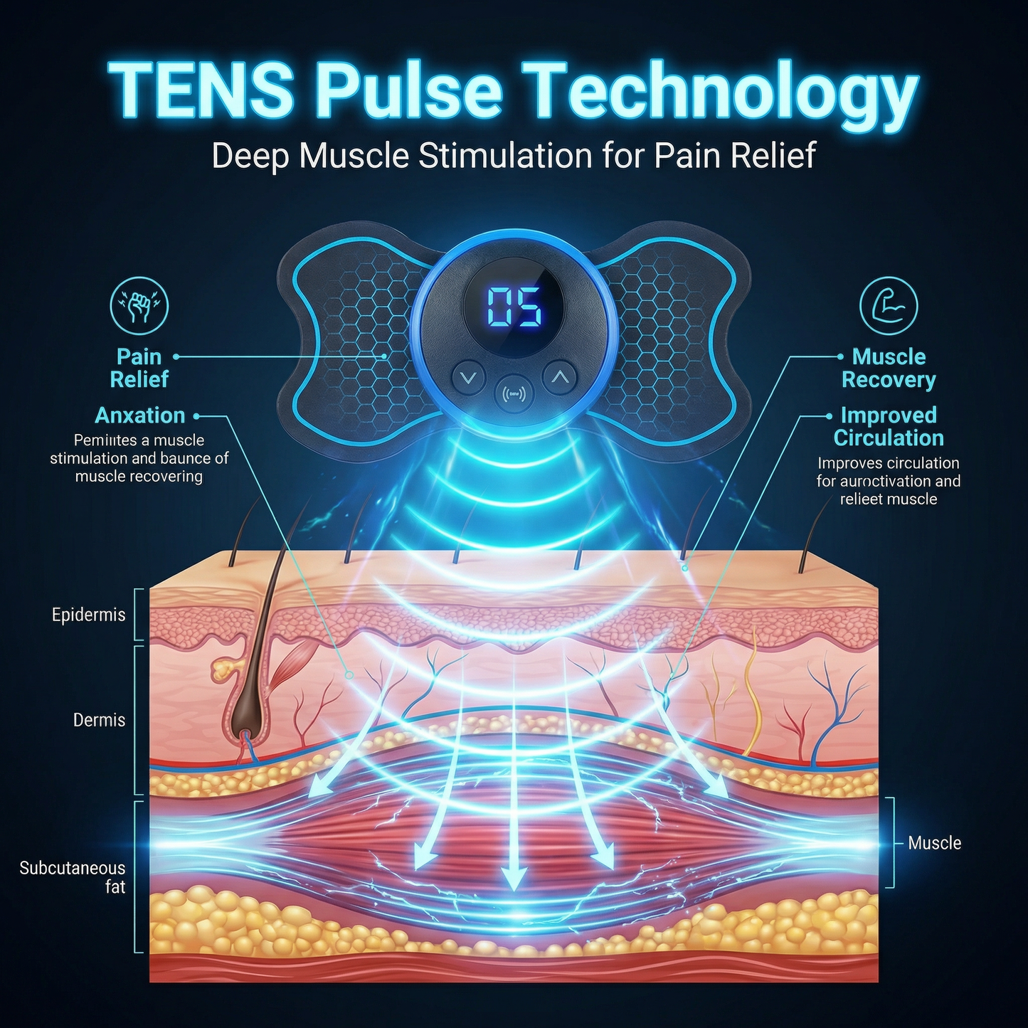 Portable TENS Unit Electric Muscle Stimulator - Mini Pulse Massager for Back, Neck & Shoulder Pain Relief